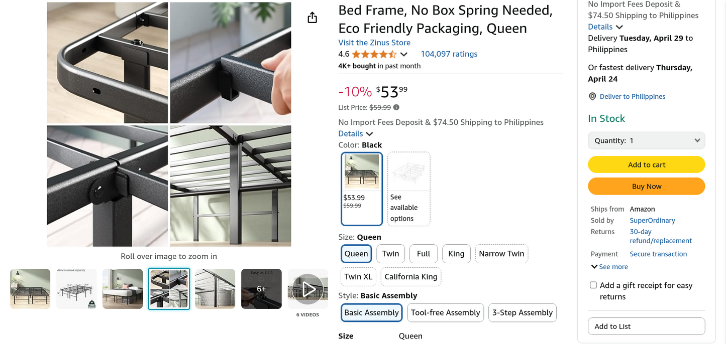 ZINUS Rumi 14in Easy SmartBase Mattress Foundation, Sturdy Metal Bed Frame, No Box Spring Needed, Eco Friendly Packaging, Queen